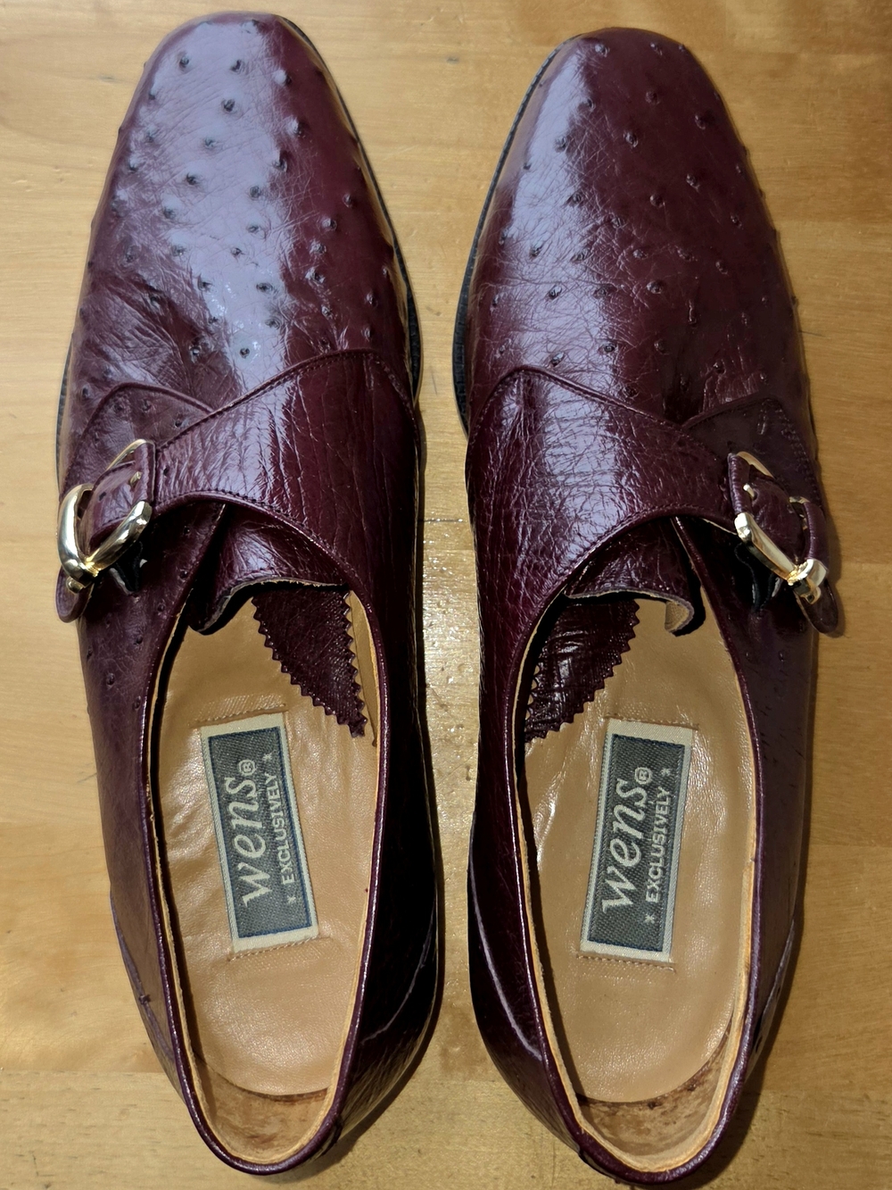 WENS Men's Burgundy Real Ostrich Leather Single Buckle Monk Strap Shoes - Picture 2 of 3